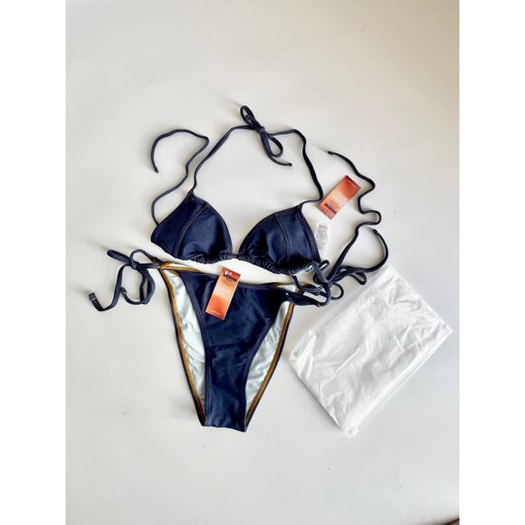 NWT Cupshe X JoJo Escaping Denim Effect Bikini Top & Side Tie Bottoms Set Blue S - Picture 2 of 9